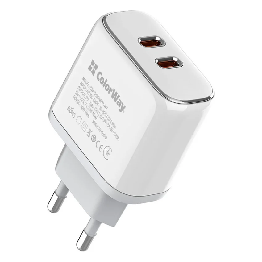 Зарядний пристрій ColorWay Power Delivery Port PPS USB (Type-C PD + Type-C PD) (40W) white (CW-CHS048PD-WT) — фото 3