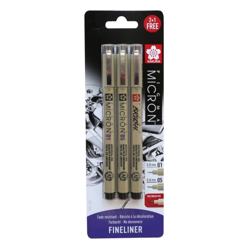 Лайнер Sakura Набір Pigma Micron 2 шт (0.1/0.5) + 1 лінер-пензель Pigma Brush Чорний, у блістері (8712079441685)