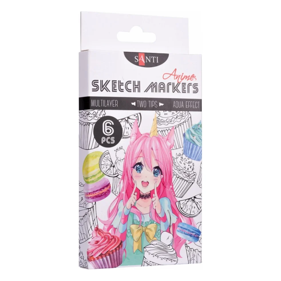 Художній маркер Santi набір двосторонніх sketch Anime 6 шт (390550)