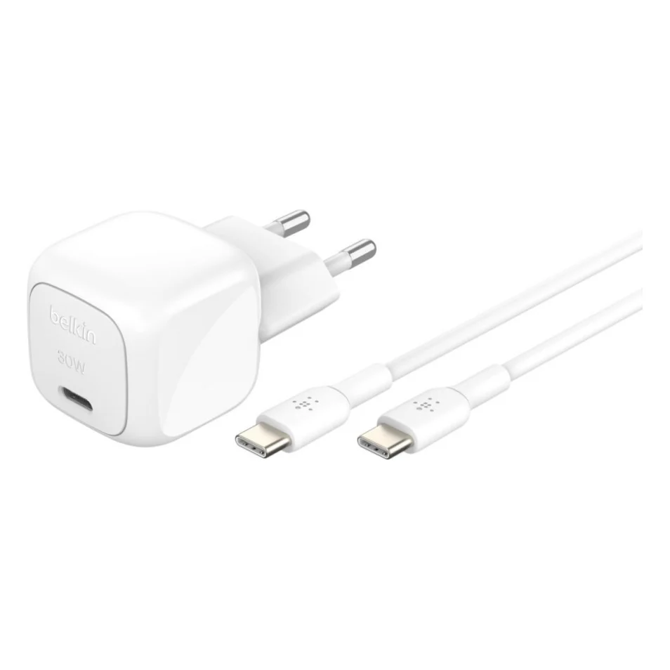 Зарядний пристрій Belkin USB-C PD30W PPS + cable USB-C to USB-C 1.0m PVC white (WCA008KQ1MWH-B6)