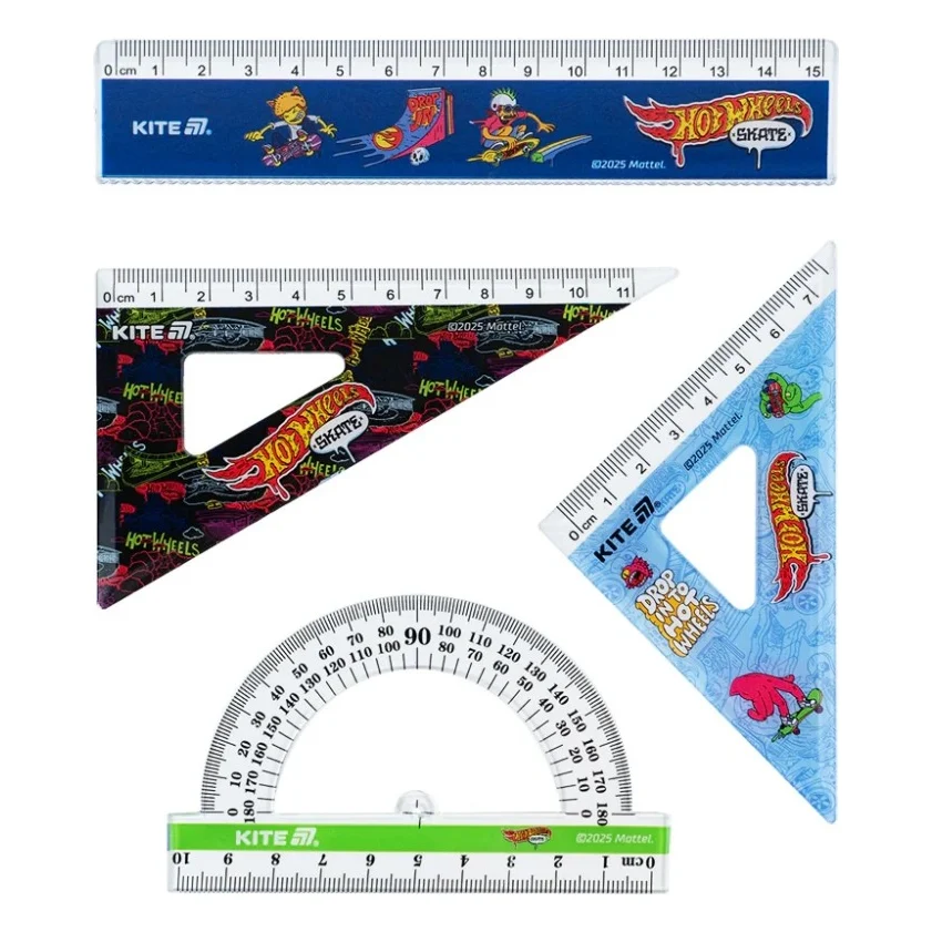 Лінійка Kite набір: лінійка 15 см, 2 косинця, транспортир Hot Wheels (HW25-282)