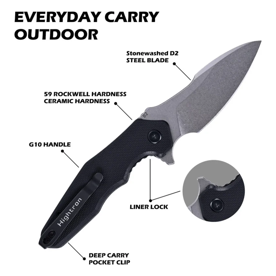 Ніж Hightron Mini Ventura, D2, G10, чорний, сталевий stonewash клинок (HK05BLKS) — фото 5