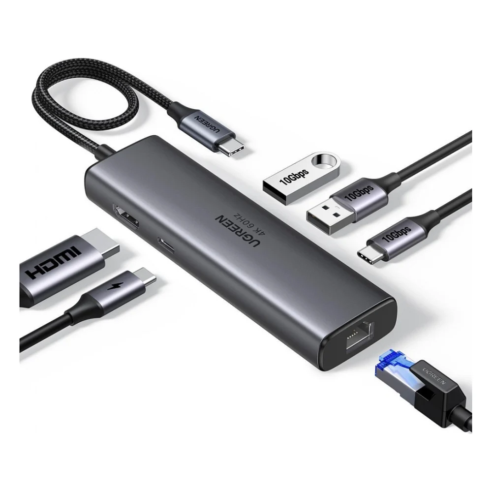Концентратор Ugreen USB-C to HDMI + 2xUSB 3.2 + USB-C 3.2 + RJ45 + PD CM512 gray (45000)