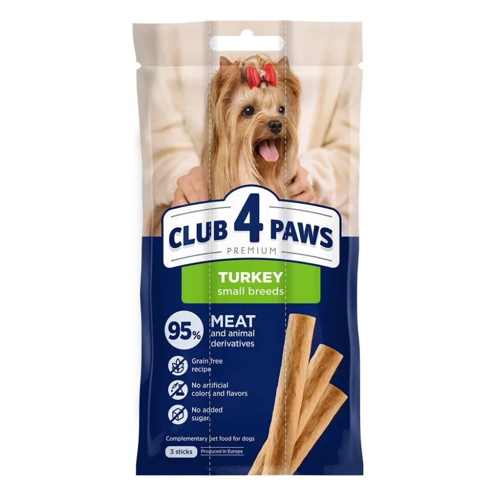 Ласощі для собак Club 4 Paws М'ясна паличка з індичкою для малих порід 3х12 г (4820269145054)
