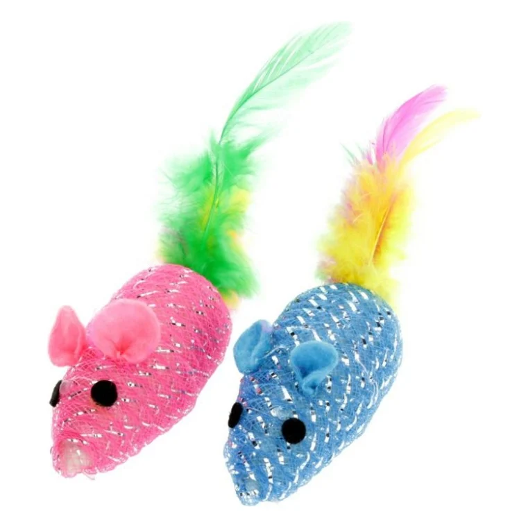 Іграшка для котів Hippie Pet Мишки з пір'ям поліестер різнокольорові 7.5 см 2 шт (HIPCT18094)