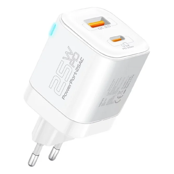 Зарядний пристрій Promate USBC PD25W + USBA QC3.0 18W White (powerport-25ac.white)