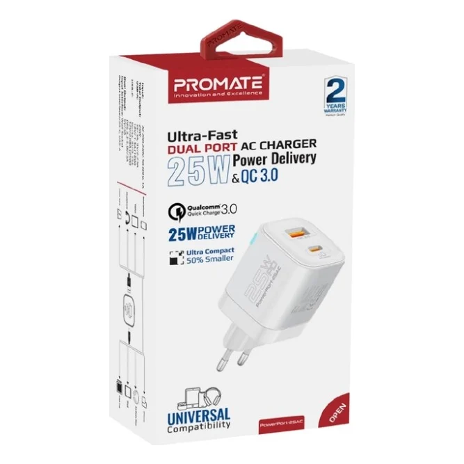 Зарядний пристрій Promate USBC PD25W + USBA QC3.0 18W White (powerport-25ac.white) — фото 2