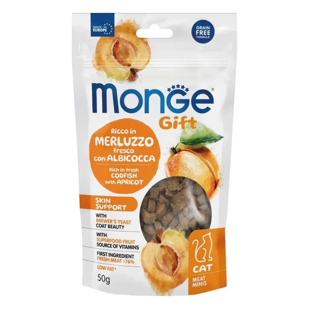 Ласощі для котів Monge Gift Cat Skin support тріска з абрикосами 50 г (8009470085175)