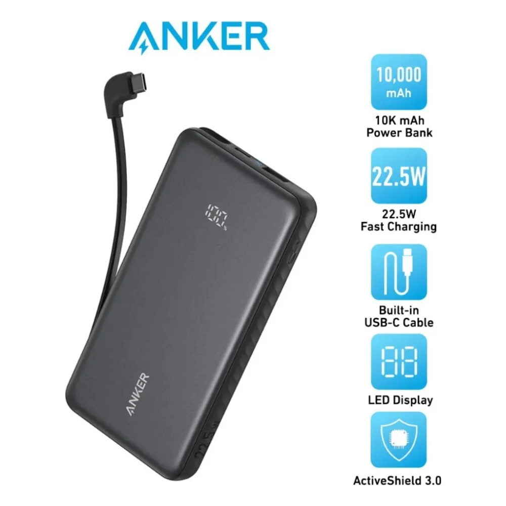 Батарея універсальна Anker 10000mAh, 22.5W, Built-In USB-C Cable, black (A110DH11) — фото 5