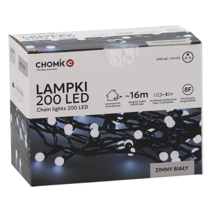 Гірлянда Chomik Кульки-змійка 200 LED 16 м, холодний білий, IP44, від мережі (5900779880153)
