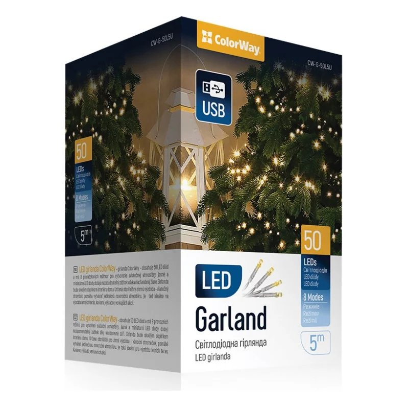 Гірлянда ColorWay LED 50 5 м 8 функцій Теплий колір USB (CW-G-50L5U)