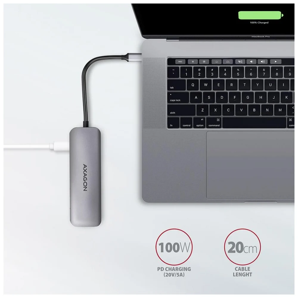 Концентратор AXAGON USB-C to 2xUSBA + HDMI + SD/microSD + USB-C PD 100W 0.2m grey (HMC-5) — фото 5