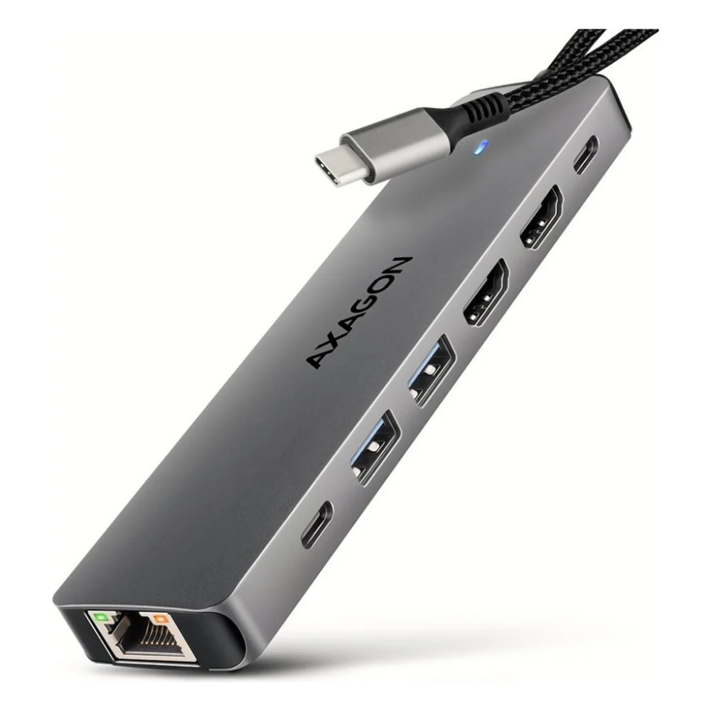 Концентратор AXAGON USBC to 2xUSBA + 1xUSBC + 2xHDMI + RJ45 + PD100W 0.15m gray (HMC-7HX2)
