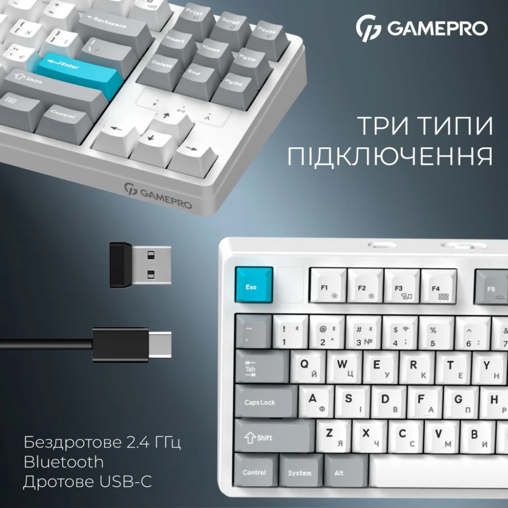 Клавіатура GamePro Asgard Ragnar Wireless/Bluetooth/USB UA White (MK285WH) — фото 5