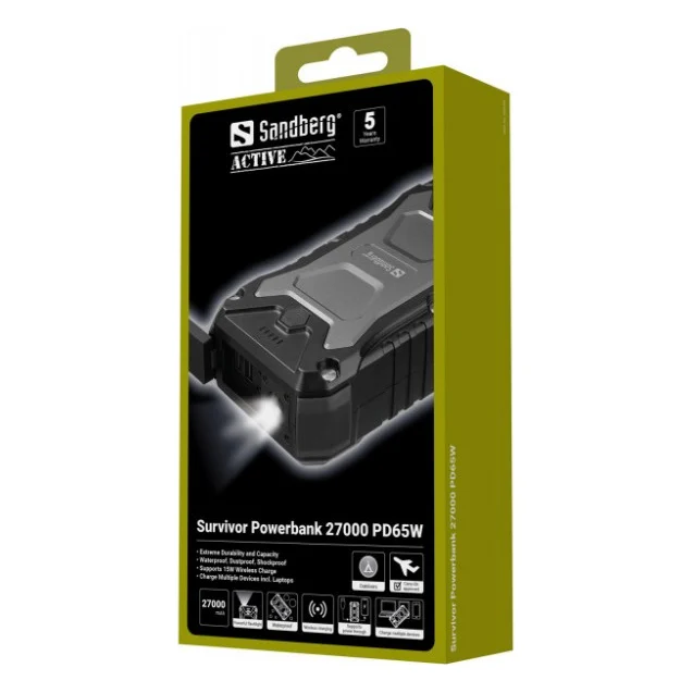 Батарея універсальна Sandberg 27000mAh Survivor PD/65W, IP66, LED Torch, QC/3.0/18W, QI-15W, Pass-Through Charging (420-99) — фото 5