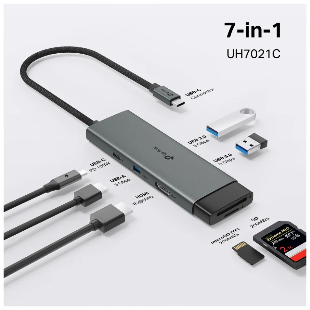 Концентратор TP-Link USB-C 7-in-1 3xUSB + HDMI + SD/TF + USB-C PD100W (UH7021C) — фото 5