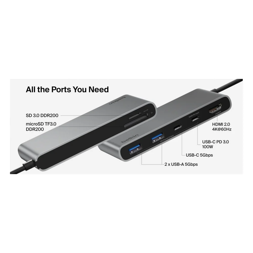 Концентратор Belkin USB-C 7-in-1 2xUSB 3.0 + USB-C + PD + HDMI 2.0 4K60Hz + SD/TF gray (AVC023HQSGY) — фото 2
