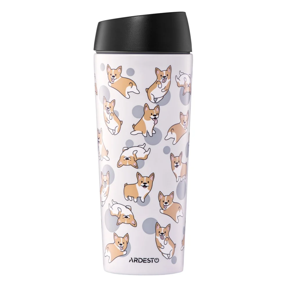 Термокружка Ardesto Coffee Time Animals Corgi 450мл, нержавіюча сталь, сірий (AR2645CR)