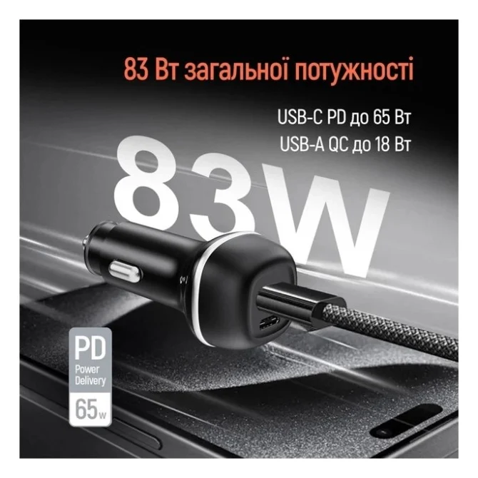 Зарядний пристрій ColorWay USB-C PD65W + USB QC3.0 car adapter (CW-CHA068PD-BK) — фото 7