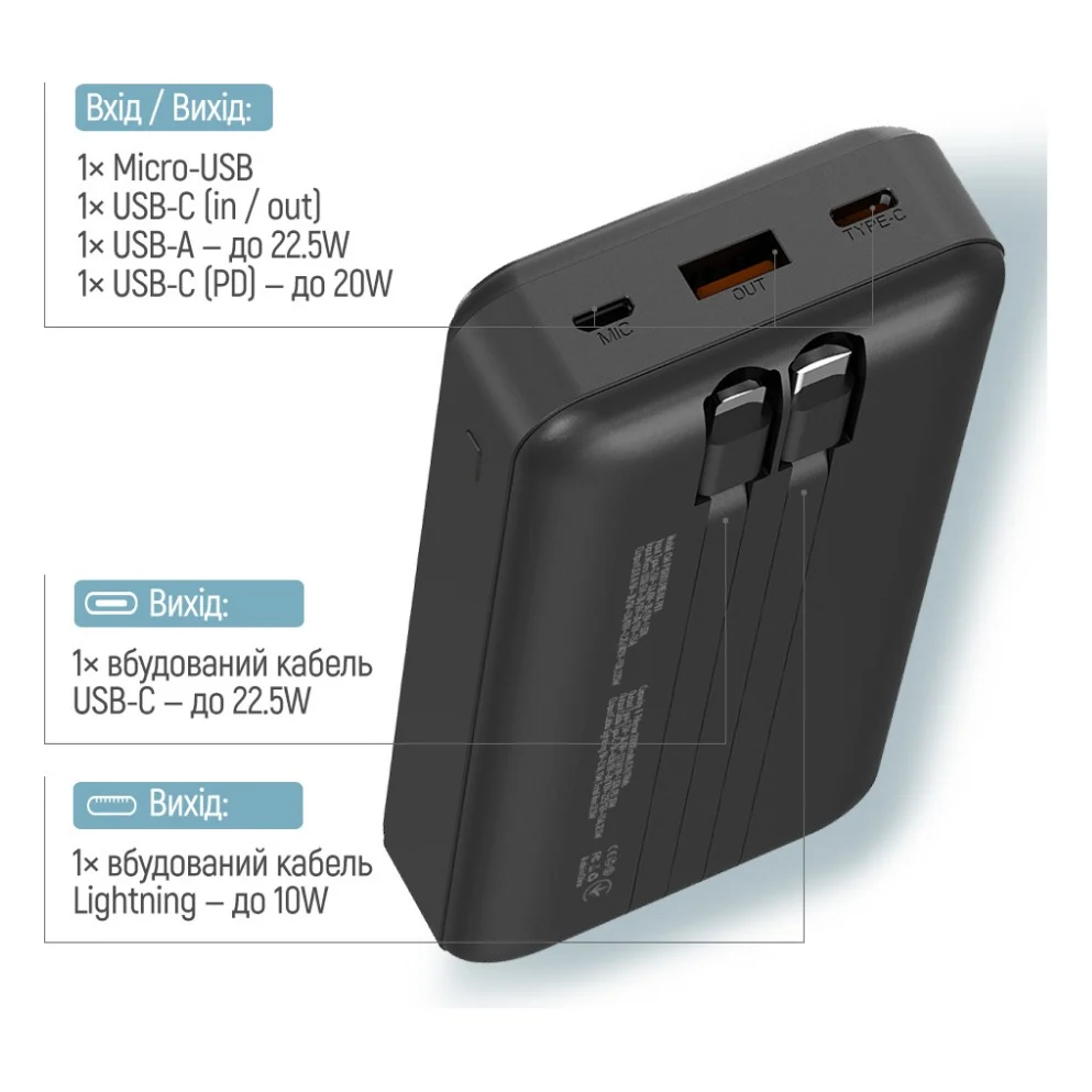 Батарея універсальна ColorWay 20 000 mAh Optimal Power PD/22.5W, QC/3.0, Black (CW-PB200LPB5BK-PDD) — фото 6