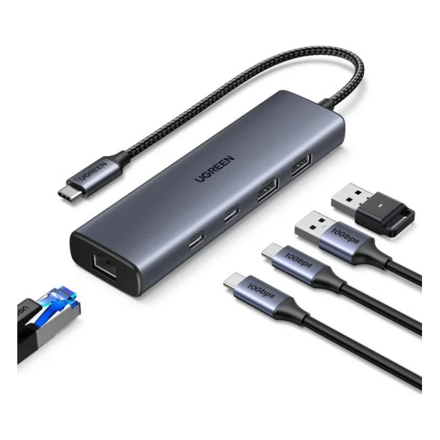 Концентратор Ugreen USB-C to 1xUSB-A 3.2 + 1xUSB-A 2.0 + 2xUSB-C 3.2 + RJ45 + PD CM512 gray (45320) — фото 2