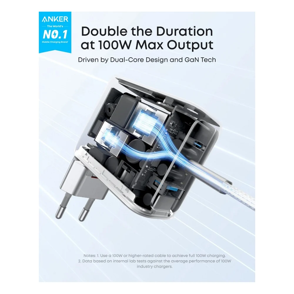 Зарядний пристрій Anker 2xUSB-C PD100W + 1xUSB GaN w Display + cable USB-C silver (B121BG41) — фото 2