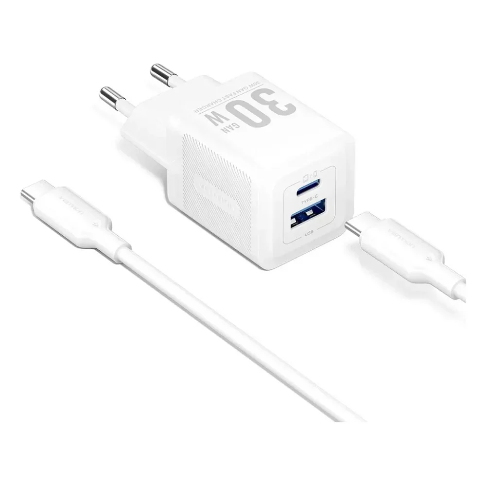 Зарядний пристрій Vention 1xUSB-C PD30W + 1xUSB QC3.0 30W GaN + cable USB-C to USB-C 1.0m white (TZ-FEQW0-EU-01)