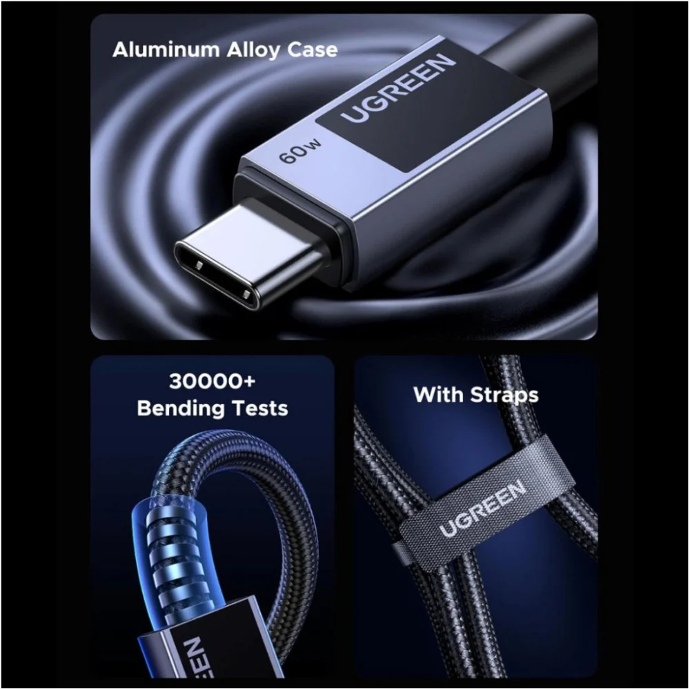 Дата кабель USB-C to USB-C 3.0m PD60W 3A braided L524 gray Ugreen (55776) — фото 5