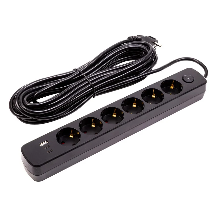 Мережевий фільтр живлення PowerPlant 10м, 6 розеток,USB, Type-C (YS-N6086/10c) (EX610693)