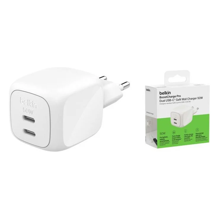 Зарядний пристрій Belkin 2xUSB-C PD50W GaN PPS white (WCH019KQWH) — фото 5