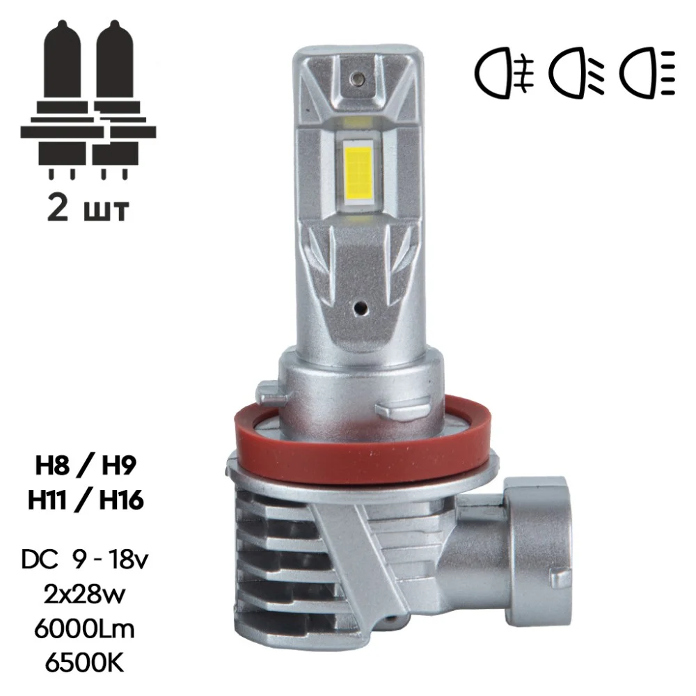 Автолампа PULSO LED-chips 7535/9-18v/2x28w/6000Lm/6500K (M6-H8/H9/H11/H16) — фото 2