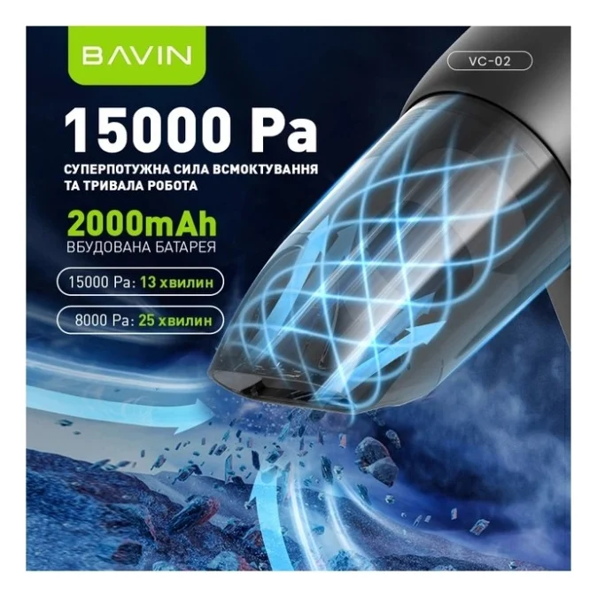 Пилосос BAVIN VC-02 15000Pa 2000 mAh Black (Z-VC02 BK) — фото 2