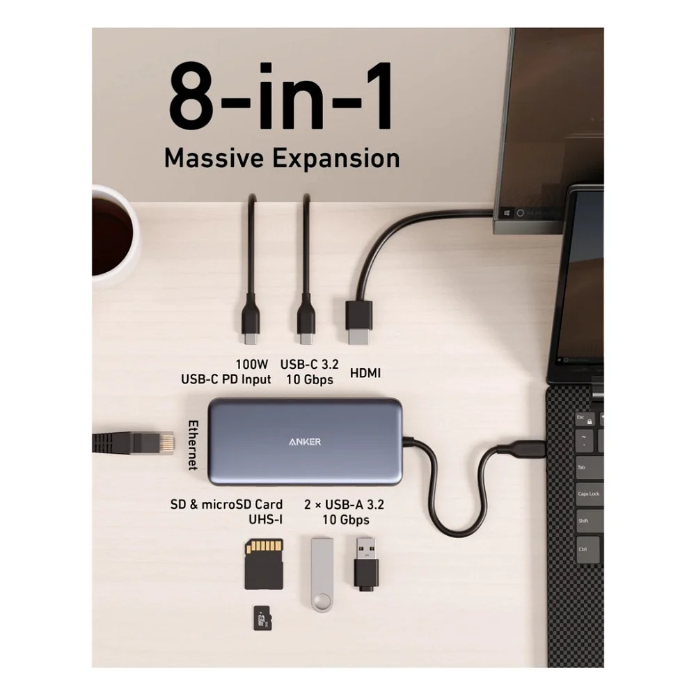 Концентратор Anker USB-C 8-in-1 1xUSB-C PD100W + 1xHDMI + 2xUSB-A + 1xUSB-C 10Gbps + 1xRJ45 + SD Black (A83830A2) — фото 4