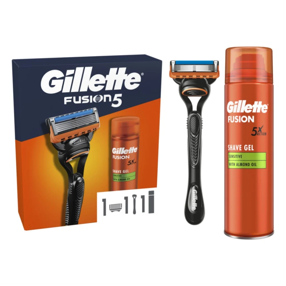 Набір косметики Gillette Fusion5 Станок для гоління чоловічий (бритва) з 1 змінним картриджем + Гель для гоління 200 мл (8700216534048)