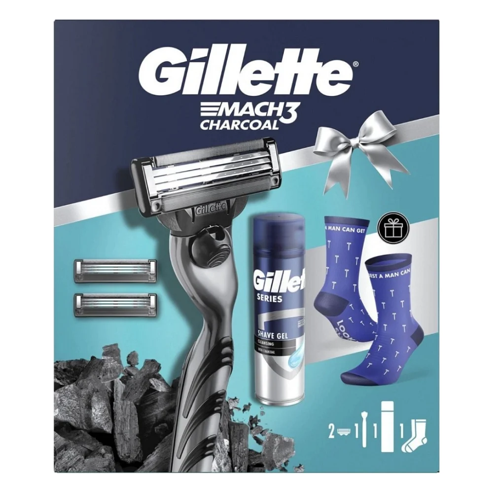 Набір косметики Gillette Станок Mach3 Charcoal з 2 змінними картриджами + Гель для гоління Series 200 мл + Шкарпетки (8006530039567) — фото 2