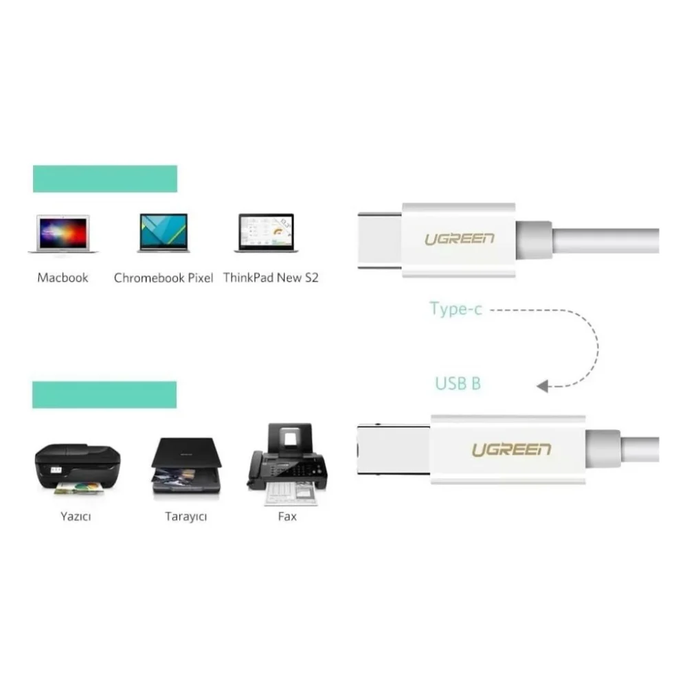 Кабель для принтера Ugreen USB-C 2.0 to BM 1.5m white (40417) — фото 6