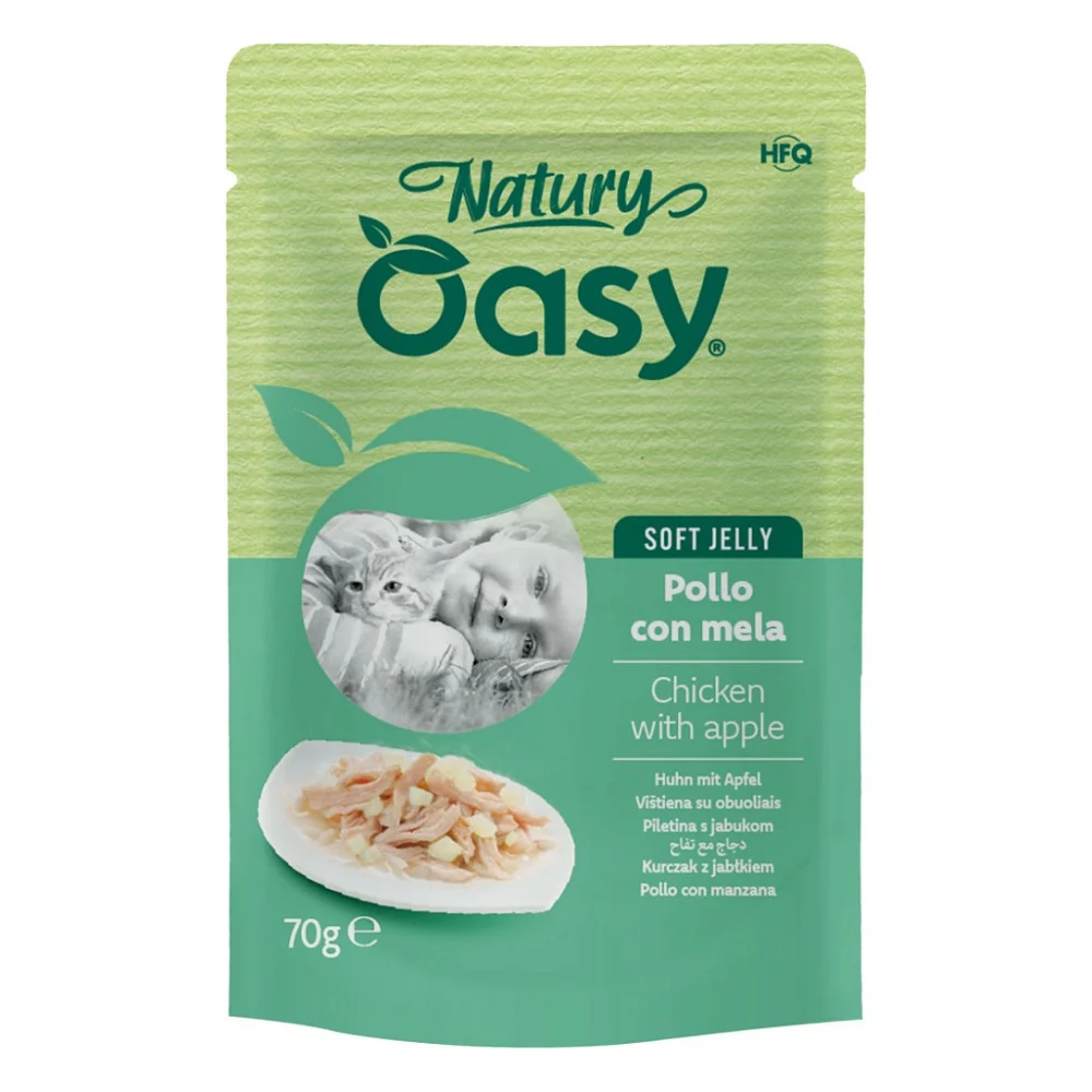 Вологий корм для кішок OASY Wet Natury Шматочки з куркою та яблуком в желе 70 г (8054329513699)