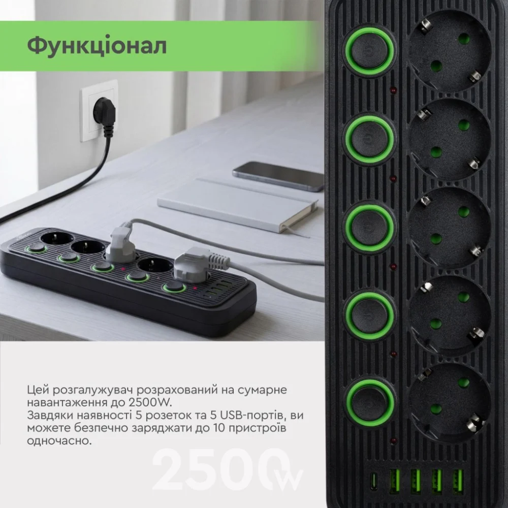 Мережевий фільтр живлення XoKo XK-SP-5-2-1-BK — фото 10