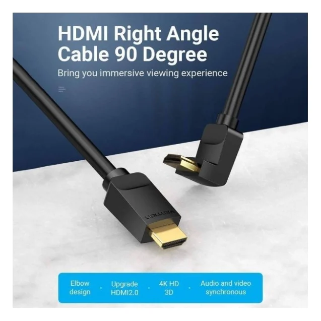 Кабель мультимедійний HDMI M to HDMI M 1.0m V2.0 4K60Hz 90° corner PVC black Vention (AARBF) — фото 4