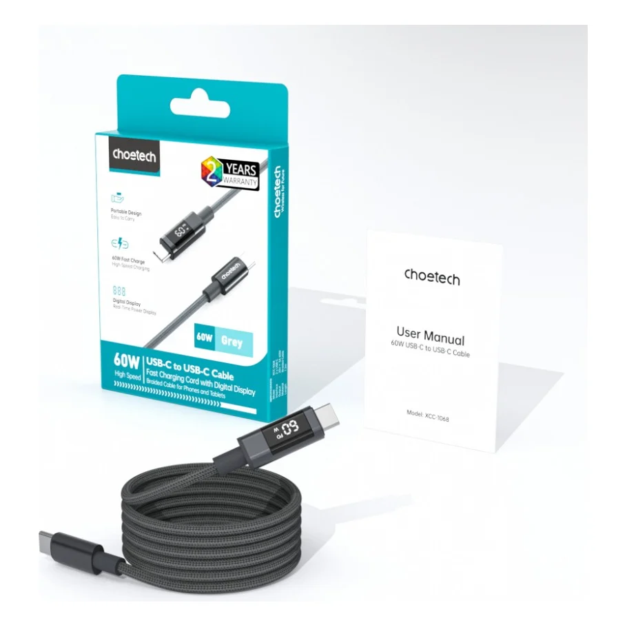 Дата кабель USB-C to USB-C 1.2m PD60W digital display nylon gray Choetech (XCC-1068-GY) — фото 3