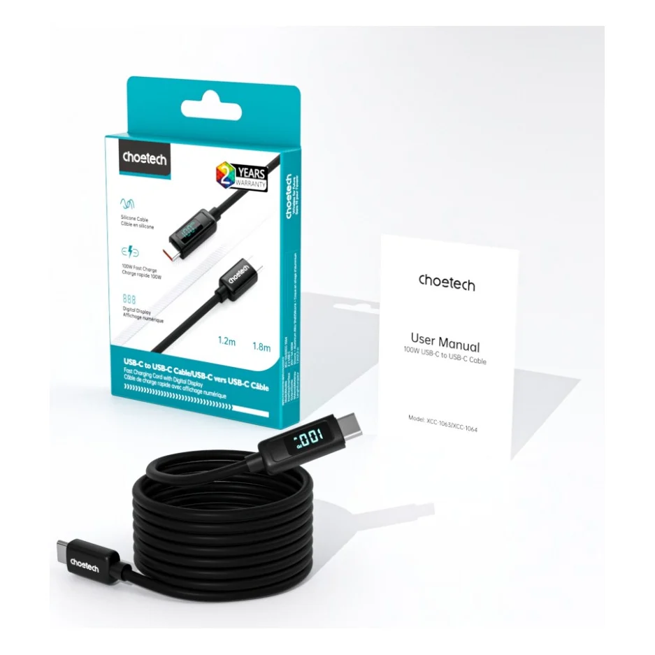 Дата кабель USB-C to USB-C 1.2m PD100W digital display silicone Choetech (XCC-1064) — фото 3