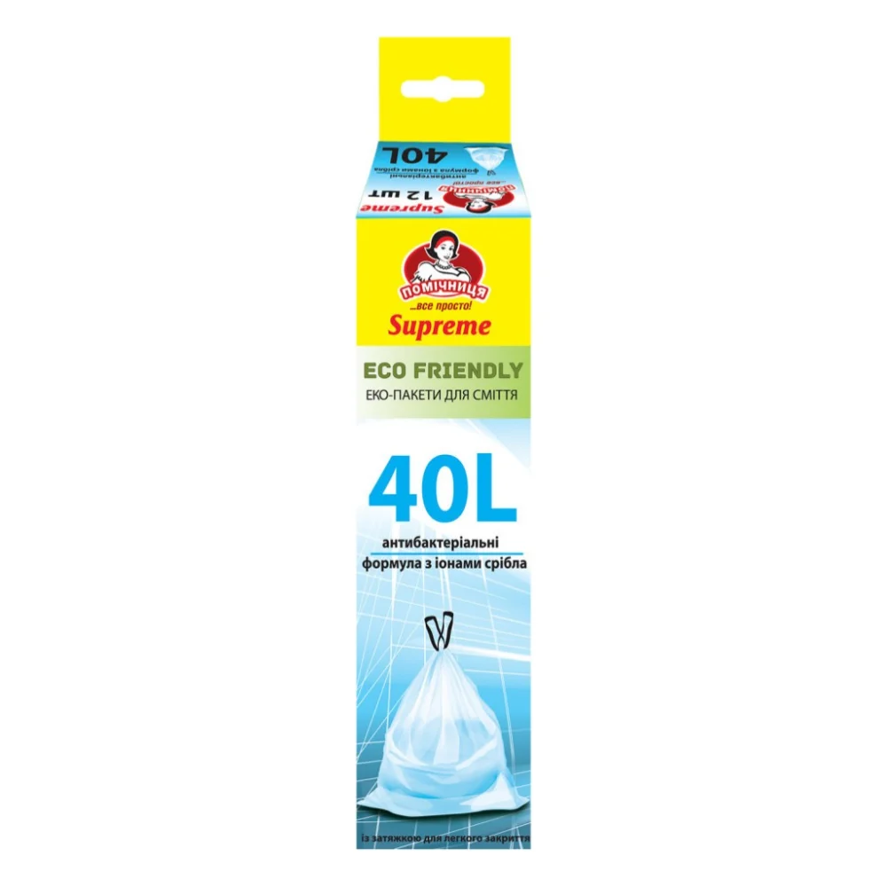 Пакети для сміття Помічниця З затяжками Бактерицидні Eco Friendly Supreme 40 л 12 шт. (4820212005862)