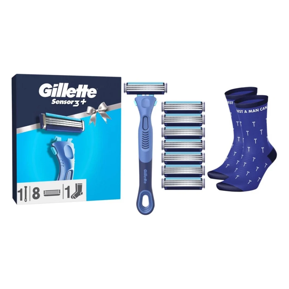 Набір косметики Gillette Станок для гоління чоловічий Sensor3 + Comfort з 8 змінними картриджами + Шкарпетки (8006530050715)