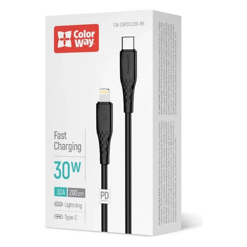 Дата кабель USB-C to Lightning 2.0m PD30W textured PVC black ColorWay (CW-CBPDCL095-BK) — фото 5