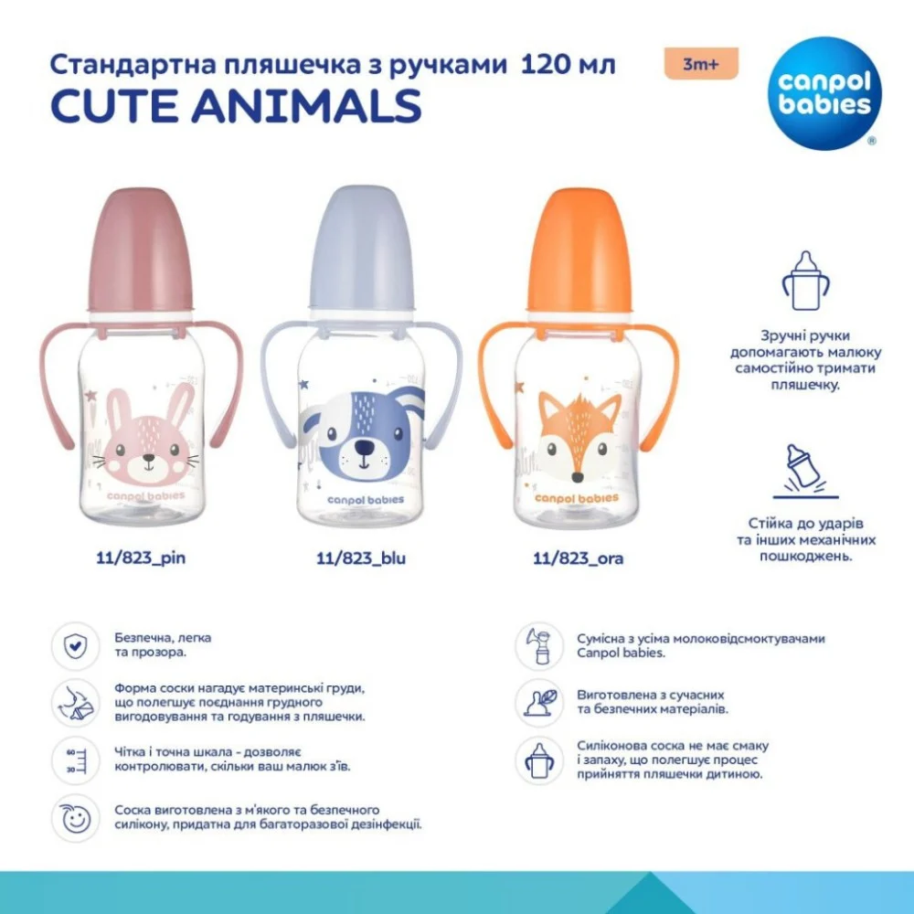 Пляшечка для годування Canpol babies CUTE ANIMALS стандартна з ручками 120 мл синя (11/823_blu) — фото 4