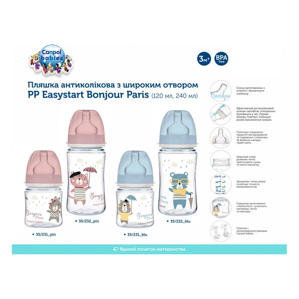 Пляшечка для годування Canpol babies Bonjour Paris з широким отвором 120 мл Рожева (35/231_pin) — фото 4