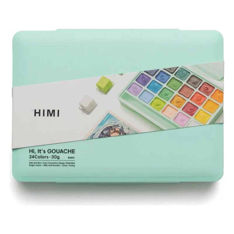Гуашеві фарби HIMI Jelly Cup 24 кольори по 30 мл, зелений пластик.пенал (6974712453635)