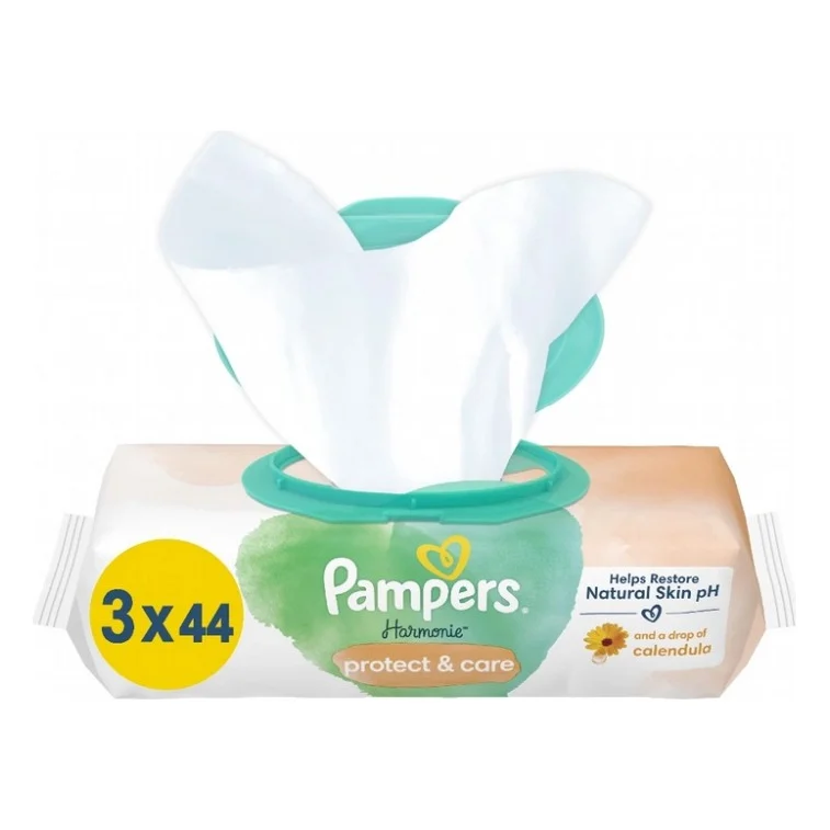 Дитячі вологі серветки Pampers Harmonie Protect&Care з календулою 3 пачки х 44 шт (8700216250672)