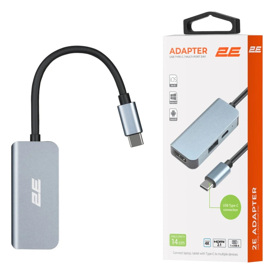 Концентратор 2E USB-C 4-in-1 1xUSB 3.0 + 1xUSB-C PD + HDMI 0.14m gray (2E-W2680) — фото 9