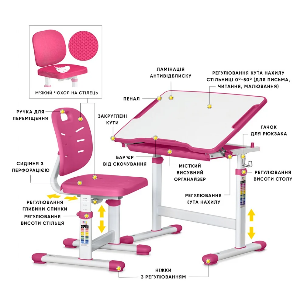 Парта зі стільцем Evo-kids Evo-06 Plus Pink (Evo-06 Plus PN) — фото 2